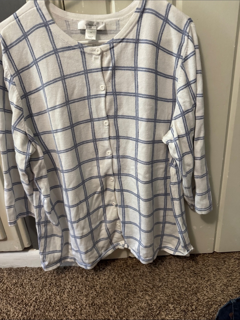 CJ Banks White and Blue Plaid Button-Front Top